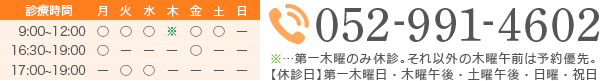 052-991-4602 第一木曜のみ休診です。それ以外の木曜の午前は予約優先です。 【休診日】第一木曜日・木曜午後・土曜午後・日曜・祝日